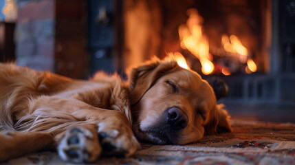 Restful Sleep Imagery of a Dog Sleeping by the Fireplace