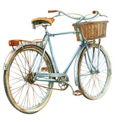 Vintage blue bicycle with a wicker basket, showcasing retro design and classic charm, perfect for nostalgic and countryside themes.