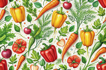 Fototapeta premium Vibrant hand-drawn vegetable pattern featuring colorful carrots, bell peppers, and tomatoes intertwined with lush greenery and playful floral elements on a white background.