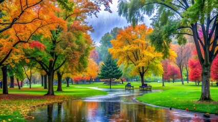 A colorful and crisp photo of a rain-soaked park with vibrant green trees and grass.