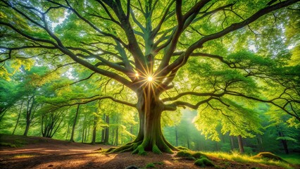 Obraz premium Serene verdant forest landscape with a majestic tree boasting vibrant green leaves, bathed in warm, dappled sunlight filtering through.