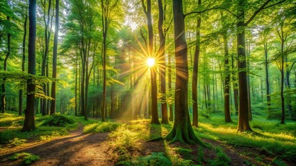 Fototapeta premium Vibrant green forest landscape illuminated by warm sun rays filtering through dense foliage on a serene summer morning atmosphere.
