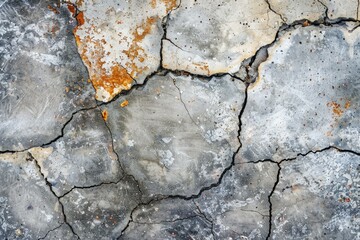 Obraz premium Detailed closeup of a cracked concrete surface with orange rust stains