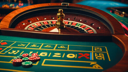 A roulette table in a casino, with the wheel spinning and players in the background, highlighting the excitement of gambling