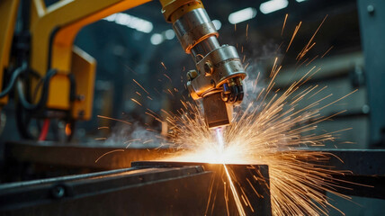 Robotic arm welding metal with sparks flying in an industrial setting