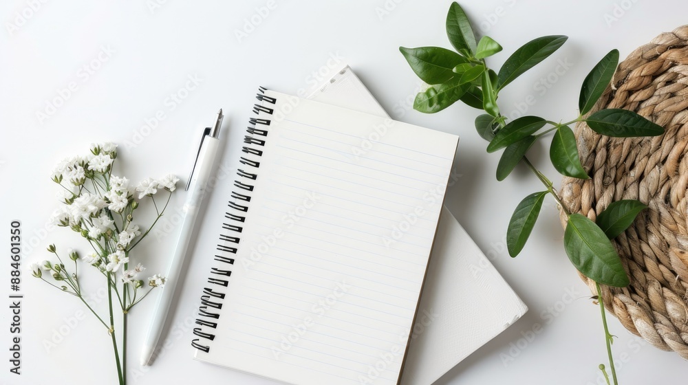 Sticker white desk with empty notepad flower and pen overhead view with room for text