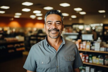 Fototapeta premium Portrait of a middle aged hispanic male cashier at grocery store