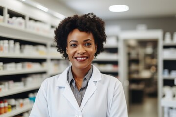 Smiling portrait of a middle aged female pharmacist in pharmacy