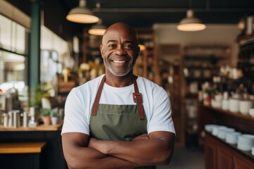 Portrait of a middle aged African American male barista smiling in modern cafe