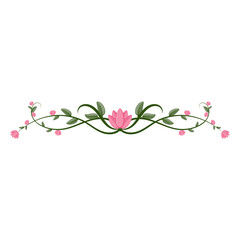 Floral swirl decorative divider line. Flourish text separator with pink flowers and green leaves
