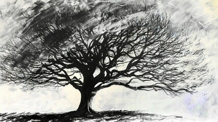  B&W illustration of a tree on a hilly landscape amidst snow and cloudy sky