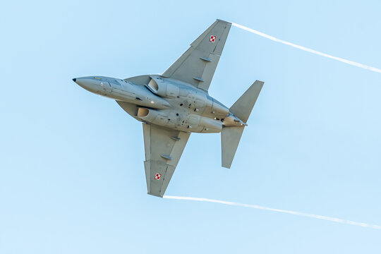 Leszno, Poland - June, 22, 2024: Antidotum Airshow Leszno, M-346 Bielik fighter. The pilot presents the plane in the air by performing effective maneuvers in the air.