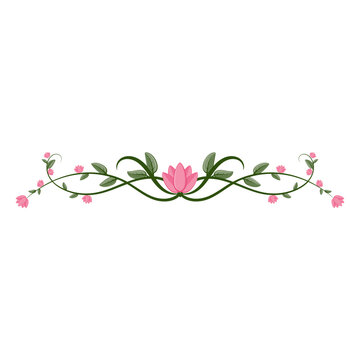 Floral swirl decorative divider line. Flourish text separator with pink flowers and green leaves

