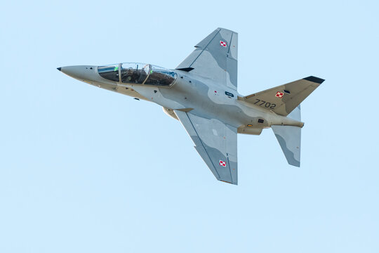 Leszno, Poland - June, 22, 2024: Antidotum Airshow Leszno, M-346 Bielik fighter. The pilot presents the plane in the air by performing effective maneuvers in the air.