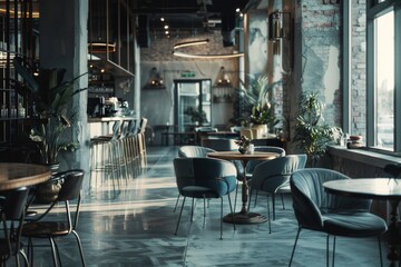 Interior of a modern empty cafe in the city