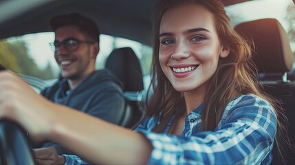 a young woman smiling confidently as she drives a car, with a male passenger or instructor beside her, suggesting a driving lesson or test