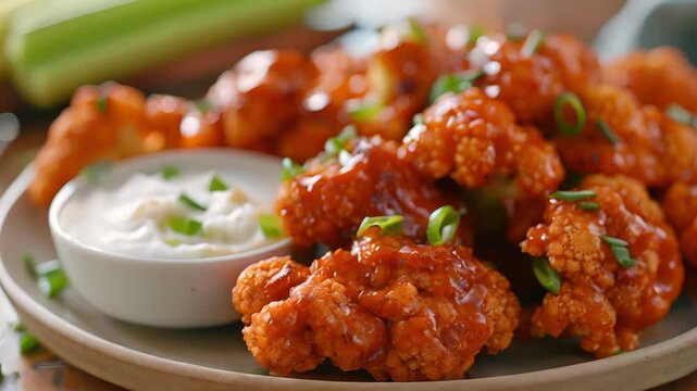 A plate of crispy cauliflower buffalo wings coated in a y sauce and served with a side of creamy ranch dip and celery sticks.