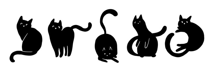 Set of silhouettes, doodles of black cats. Vector graphics.