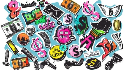 Fototapeta premium Graffiti stickers collection, isolated cartoon money, white background, vector graphics in clip art style, generated AI