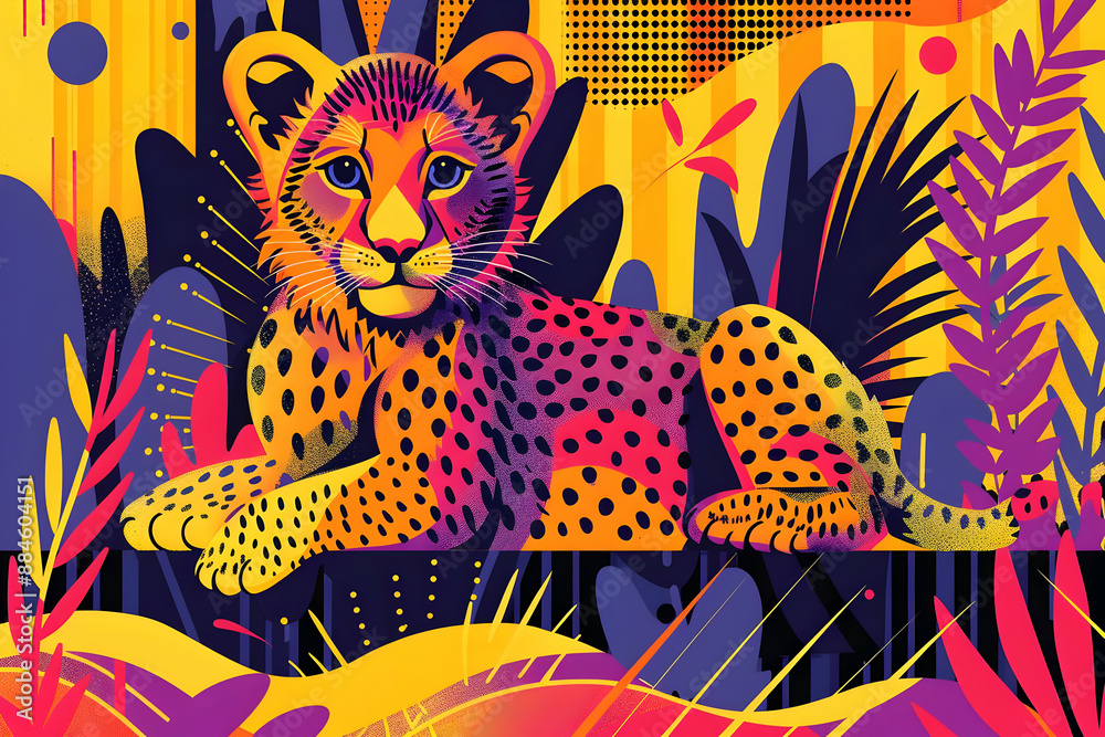 Canvas Prints Neon Leopard Cub in Jungle