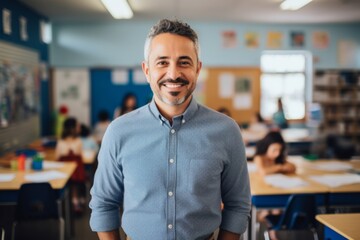 Fototapeta premium Portrait of a middle aged male Hispanic teacher in kindergarten