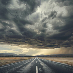 straight empty highway under storm clouds