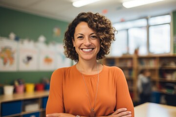 Portrait of a middle aged female Hispanic teacher in kindergarten