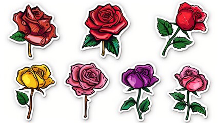 Graffiti stickers collection, isolated cartoon rose, white background, vector graphics in clip art style,  generated AI