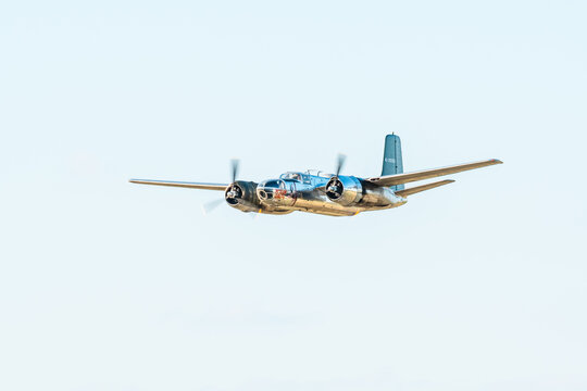 Leszno, Poland - June, 22, 2024: Antidotum Airshow Leszno, Douglas C-47 Dakota plane, twin-engine airliner intended for military use. The pilot presents the plane during a flight.