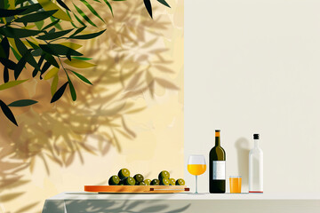 Poster advertising white wine from a local distillery, a bottle of wine and a glass against the background of a house wall in the shade of an olive tree