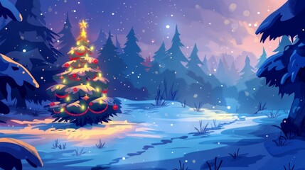 Christmas tree in winter forest, background illustration. New Year eye card