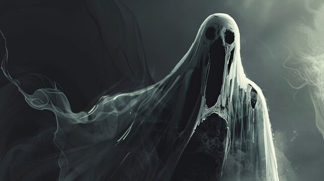 A haunting, ghostly figure shrouded in tattered, translucent cloth with hollow eyes, emanating an eerie presence