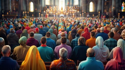 A group of people sit in a mosque, some wearing hijabs. Scene is peaceful and religious