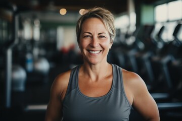 Fototapeta premium Smiling portrait of a middle aged slightly overweight woman in gym