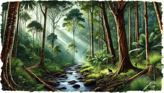 Watercolor of Sinharaja Forest Reserve in Sri Lanka with lush greenery, wildlife, and a meandering stream.
