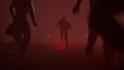 attacking dead are running towards you in a bloody fog, zombie apocalypse horror. hand-held camera.