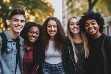 Obraz premium Portrait of a smiling diverse group of students on campus