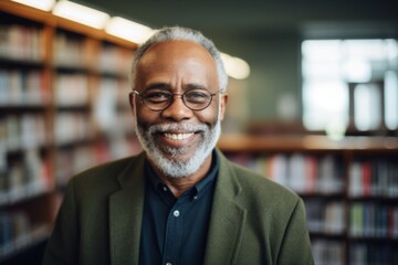Fototapeta premium Smiling portrait of a African American senior man in library
