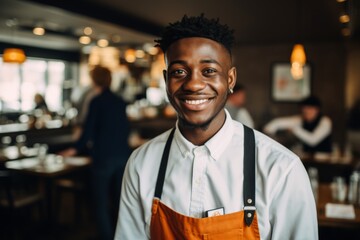 Fototapeta premium Portrait of a smiling young male waiter in restaurant