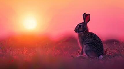 Rabbit silhouette against the backdrop of a glowing sunset sky, creating a tranquil scene