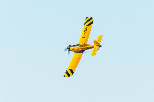 Leszno, Poland - June, 22, 2024: Antidotum Airshow Leszno, PZL M18 Dromader firefighting plane. The pilot presents a firefighting plane during a flight.