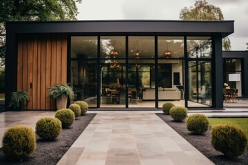 Obraz premium Aesthetic modern home entrance with sliding glass doors