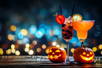 Enjoy the festive Halloween vibe with spooky cocktails, carved pumpkins, and a bokeh background
