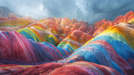 A stunning view of the Zhangye Danxia National Geological Park in China, in a realistic photographic style, featuring colorful rock formations known as 'rainbow mountains'