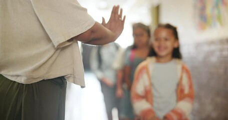 Greeting, children and high five teacher in school for enter classroom, learning and education for growth or development. Girl, boys and students fist bump for welcome, motivation and morning routine