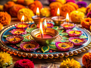Vibrant colors surround intricately designed oil lamp plate with diyas and festive flowers, capturing the essence of Diwali celebrations in a beautifully arranged still life.