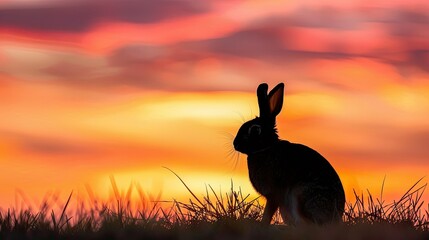 Silhouette of a rabbit in the meadow at dusk, with the sky ablaze with evening colors