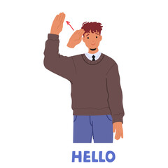 Young Man Using Sign Language To Say Hello. Character Making Hand Gesture For Greeting, Shown With An Arrow