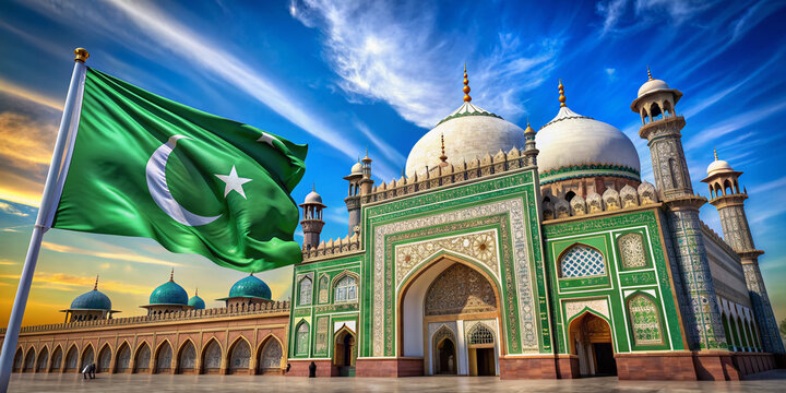 Vibrant Pakistani flag waving against a bright blue sky with Urdu scripting and intricate geometric patterns on a grand, ornate, Islamic-inspired mosque background.
