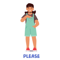 Young Girl Using Sign Language To Indicate The Word Please. Character Is Smiling And Wearing Overall With Red Shoes